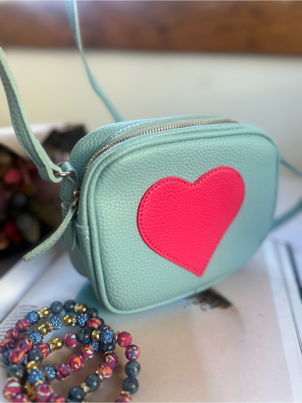 Women's Crossbody Bag with Pink Heart Accent - Light Blue new 
New - Picture 2 of 6